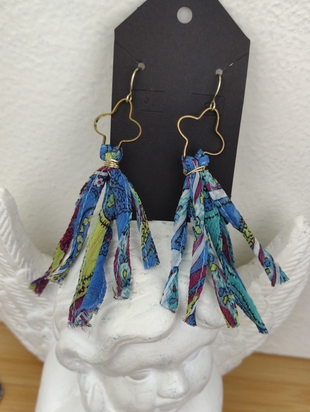 Boho Blue Multi Tassel Fabric Fringe Cool Drop Earrings